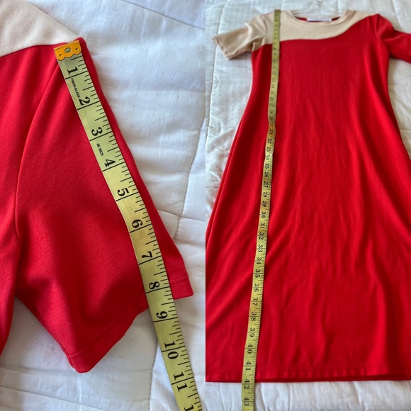 SOLD SONNET JAMES Red & Beige Abstract Swirl Short Sleeve Midi Play Dress Size S - Picture 13 of 16